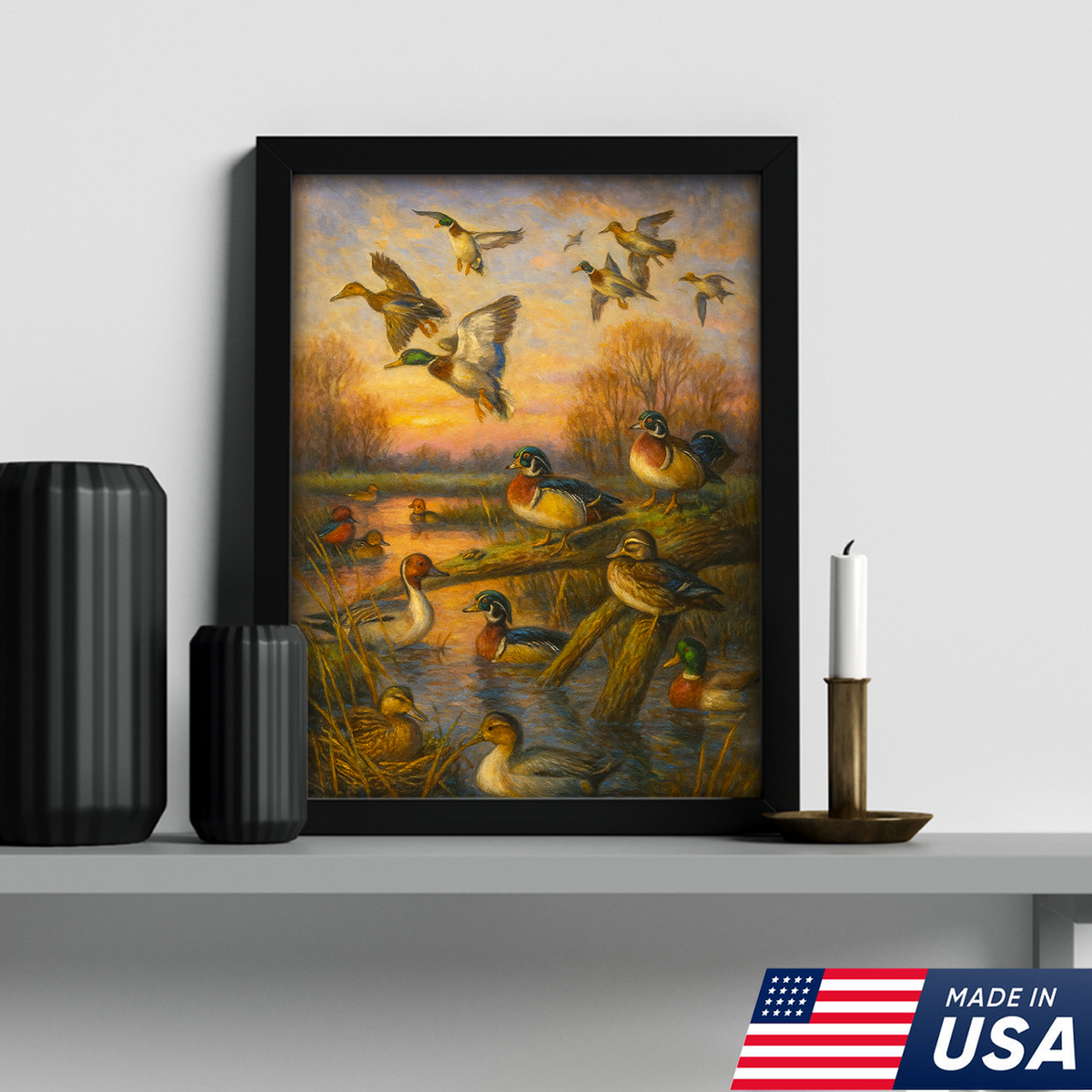 Duck Hunting Canvas Wall Art – Oil Painting Style Waterfowl at Sunset Rustic Lodge Decor