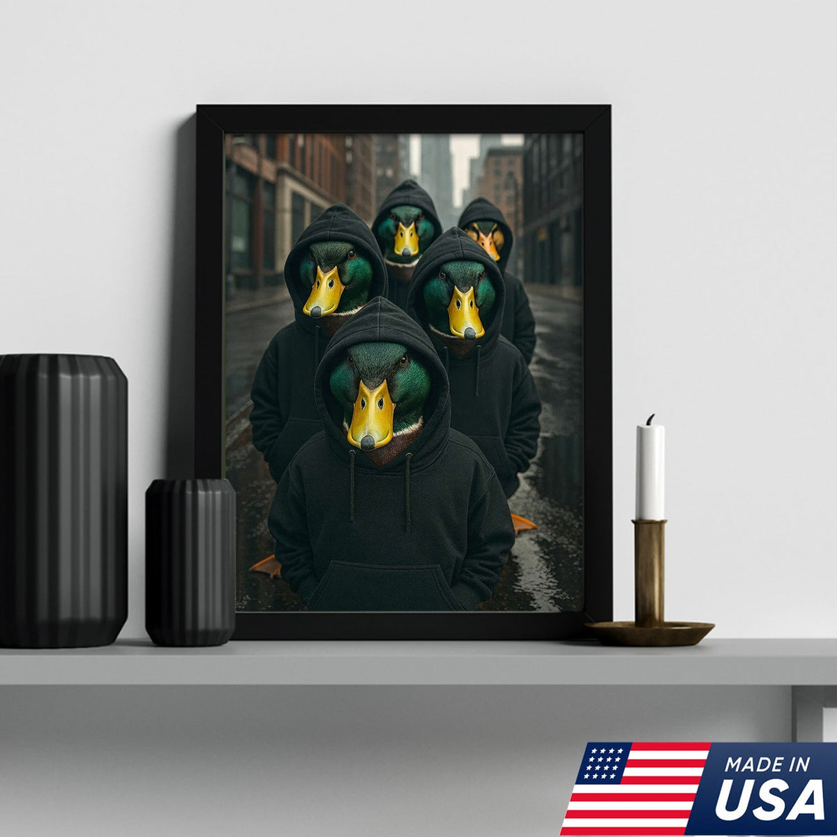 Urban Duck Gang Canvas Wall Art, Hooded Anthropomorphic Ducks Artwork