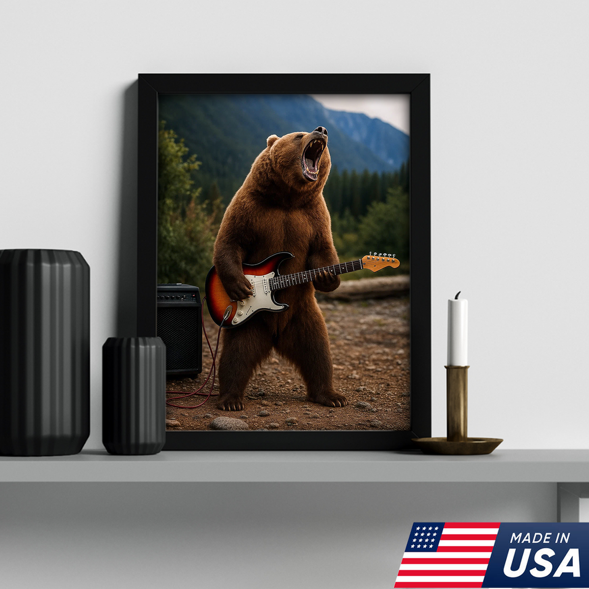 Funny Bear Canvas Wall Art – Rock and Roll Wildlife Decor, Guitar Playing Grizzly