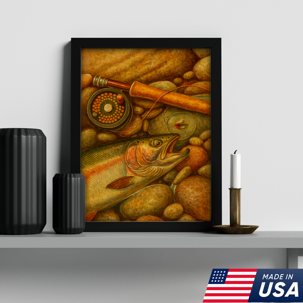 ly Fishing Canvas Wall Art – Retro Trout Painting with Rod & Reel Rustic Cabin Lodge Decor