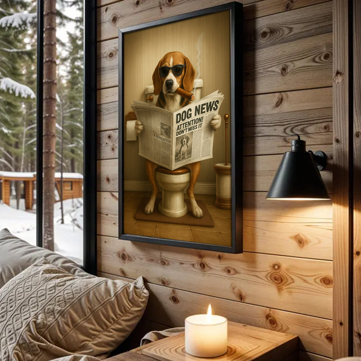 Funny Beagle Reading Newspaper Canvas – Funny Dog Hunting Bathroom Wall Art