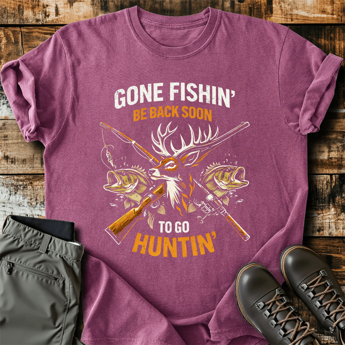 Gone Fishing Hunting Deer T-Shirt product image 2