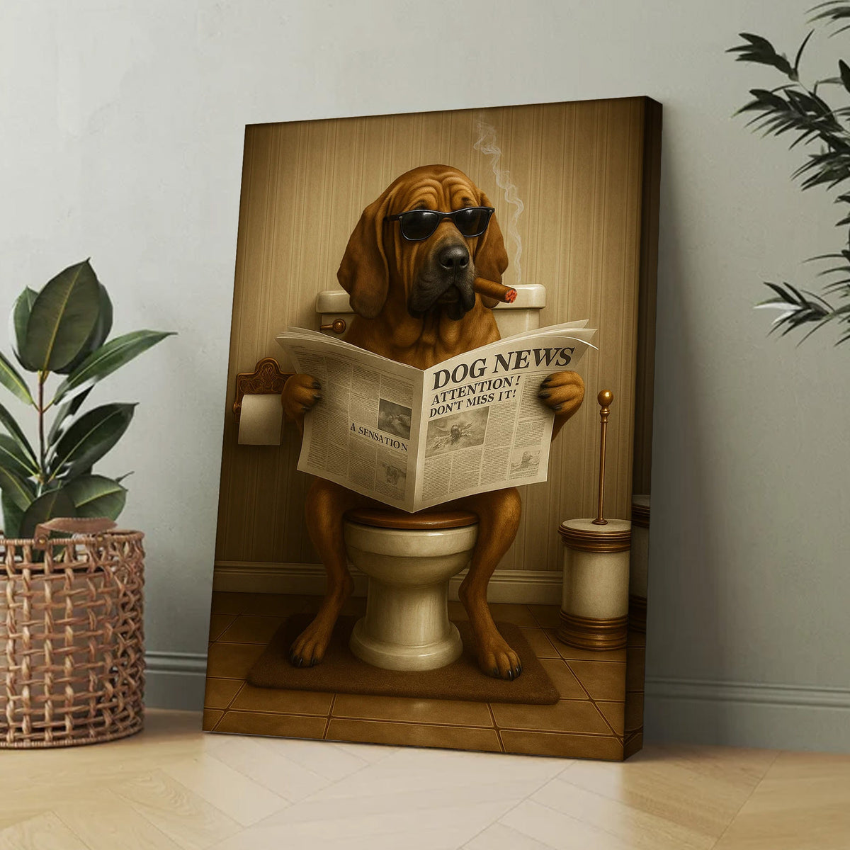 Funny Rustic Dog Bathroom Canvas – Bloodhound Smoking Reading ‘Dog News’ - Hunting Cabin Decor