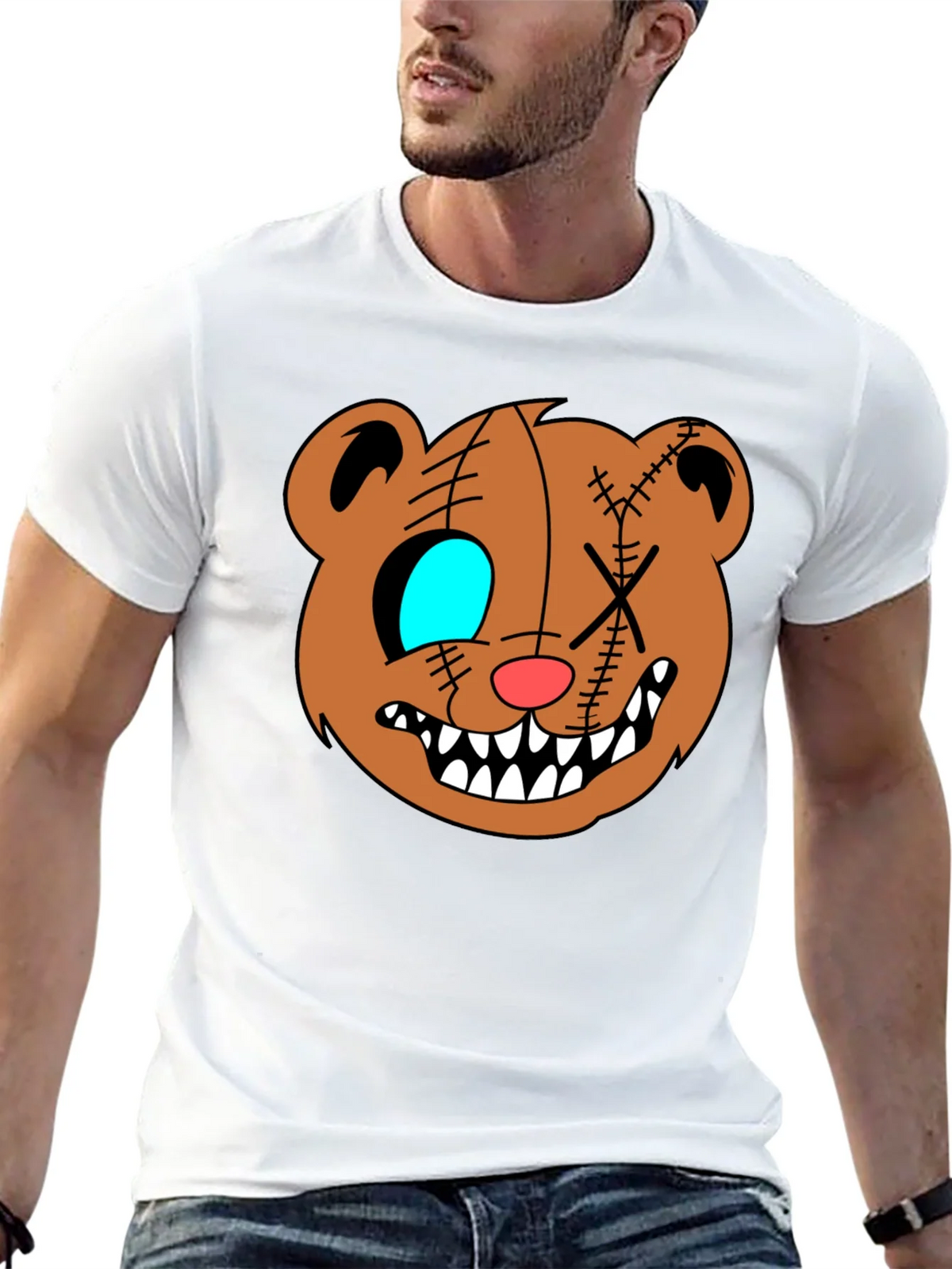 Creepy Cartoon Bear Graphic Black T-Shirt product image 12