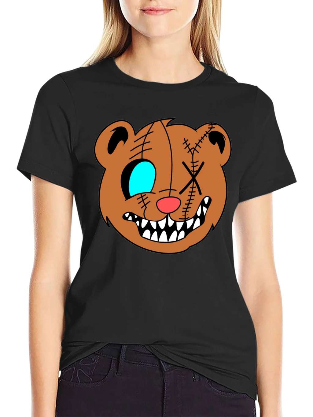 Creepy Cartoon Bear Graphic Black T-Shirt product image 2