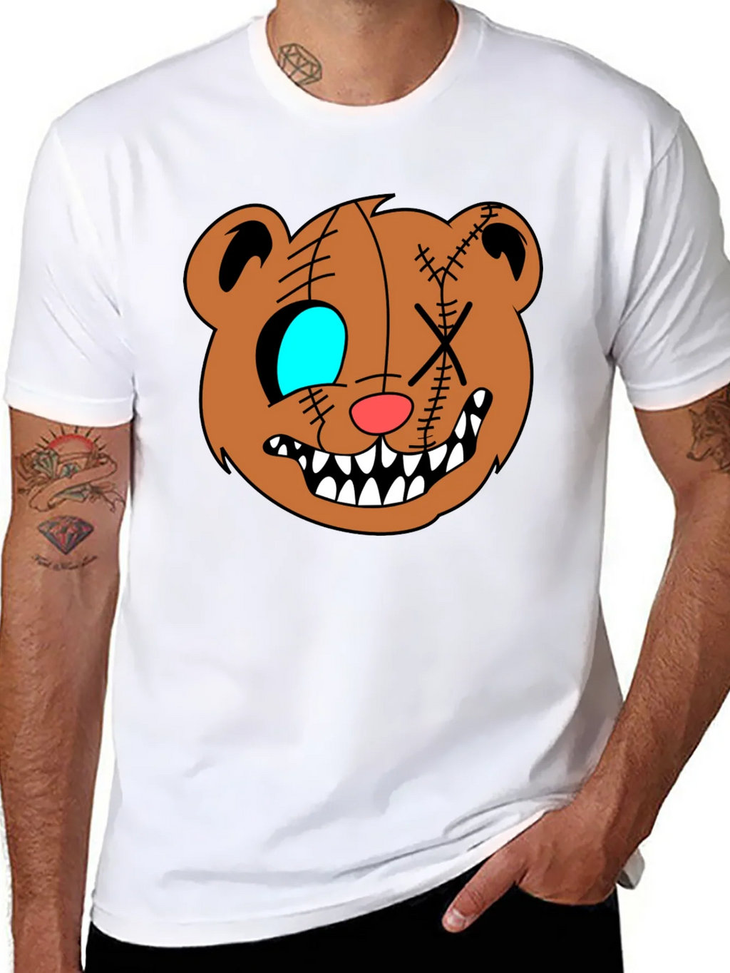 Creepy Cartoon Bear Graphic Black T-Shirt product image 7