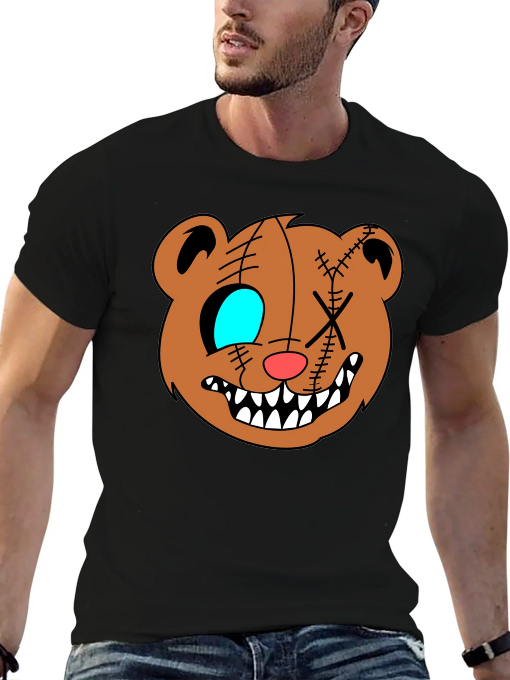 Creepy Cartoon Bear Graphic Black T-Shirt product image 6