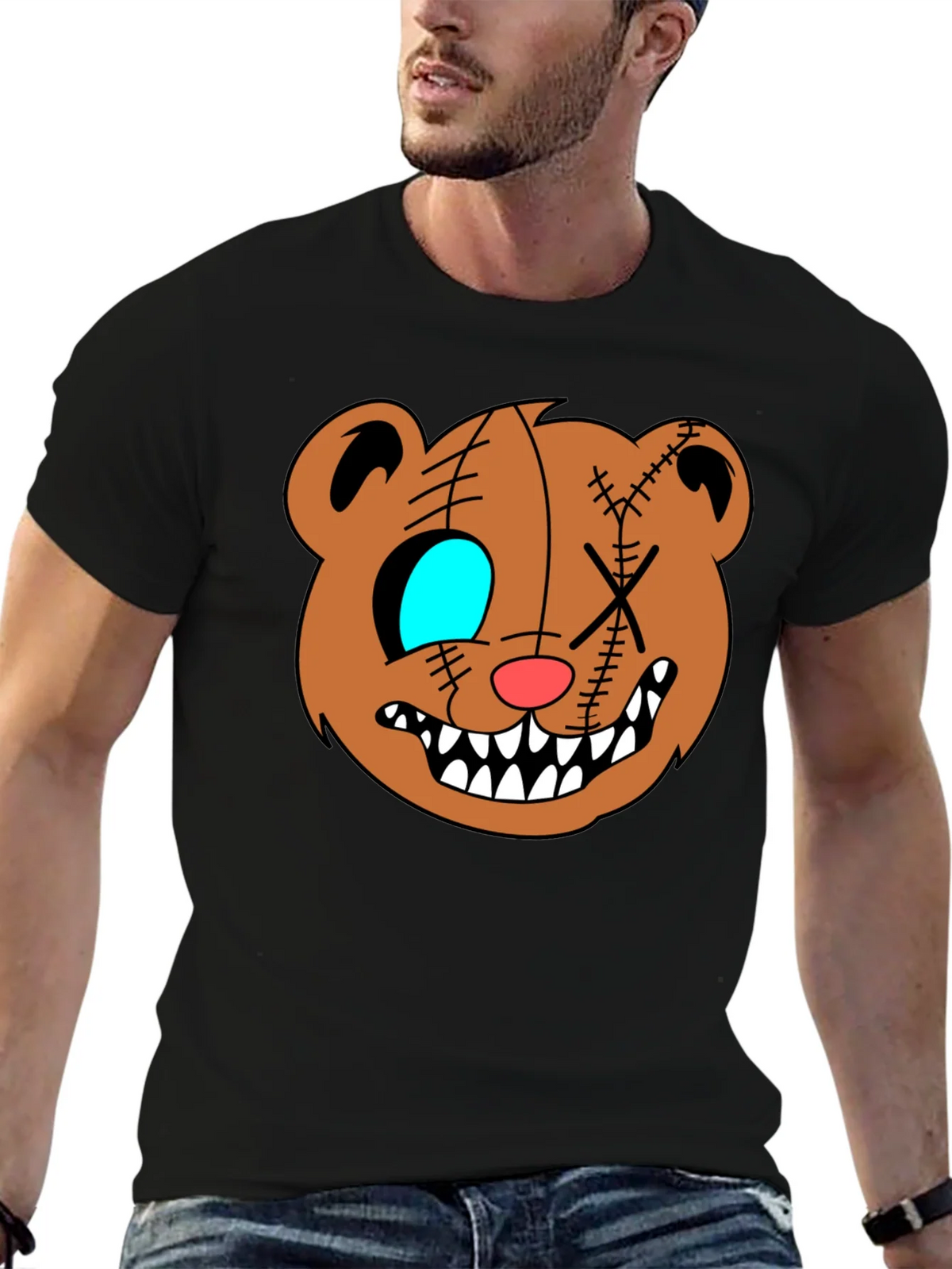 Creepy Cartoon Bear Graphic Black T-Shirt product image 6