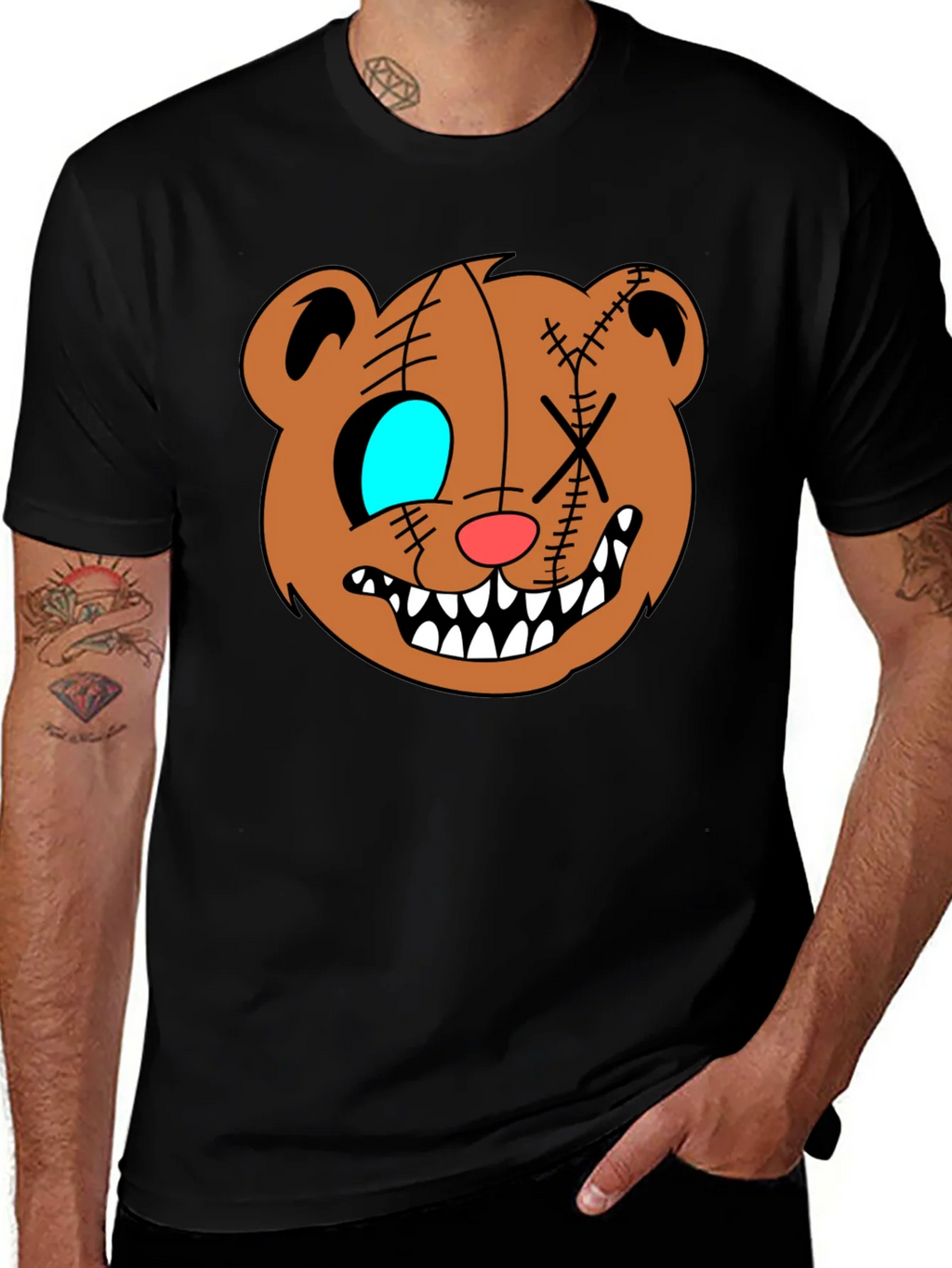 Creepy Cartoon Bear Graphic Black T-Shirt product image 1