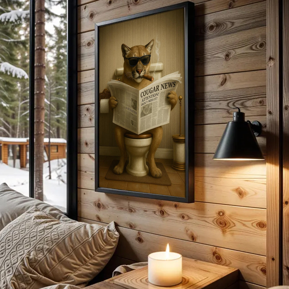 Funny Cougar Bathroom Canvas – Mountain Lion on Toilet Reading Newspaper - Rustic Cabin Decor