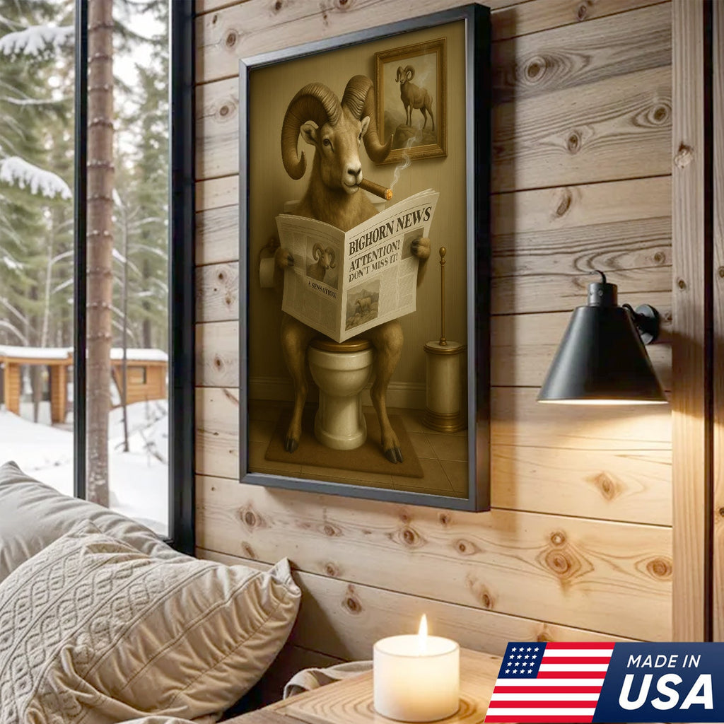 Bighorn Sheep Reading Newspaper Canvas – Funny Bathroom Wall Art for Rustic Cabin