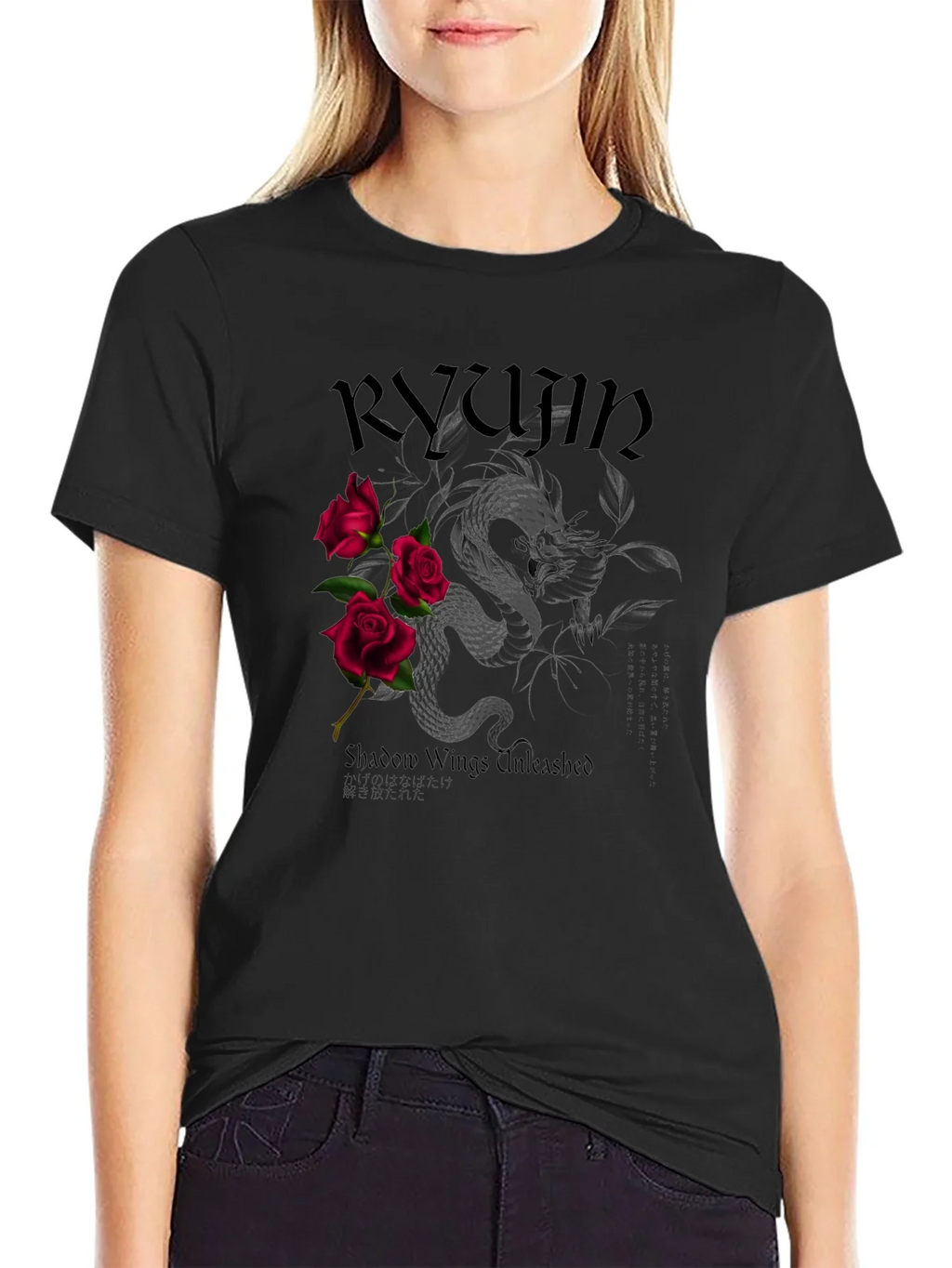 Ryujin Dragon & Roses Graphic Tee - Shadow Wings Unleashed product image 1