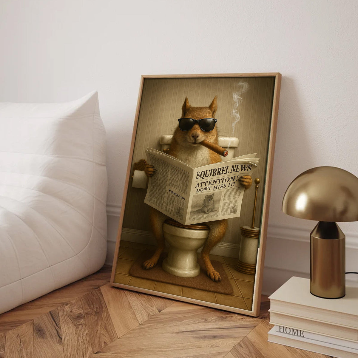 Squirrel Reading News Smoking Bathroom Wall Art – Rustic Decor for Men, Hunting Cabin Canvas