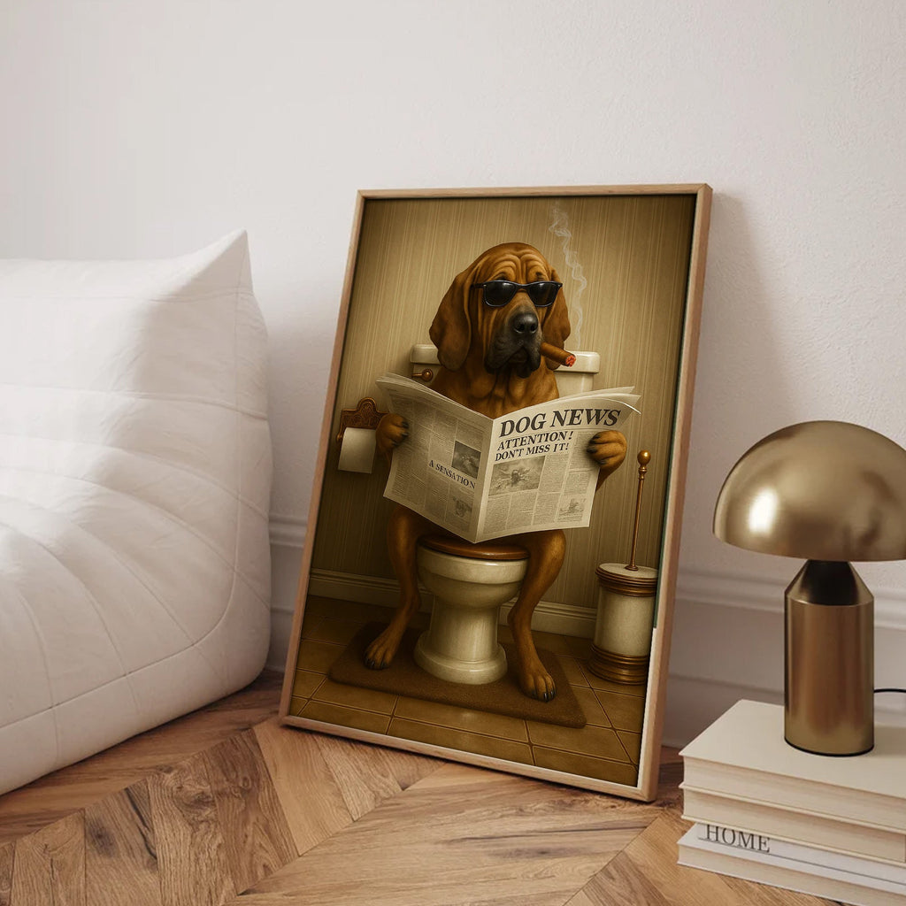 Funny Rustic Dog Bathroom Canvas – Bloodhound Smoking Reading ‘Dog News’ - Hunting Cabin Decor