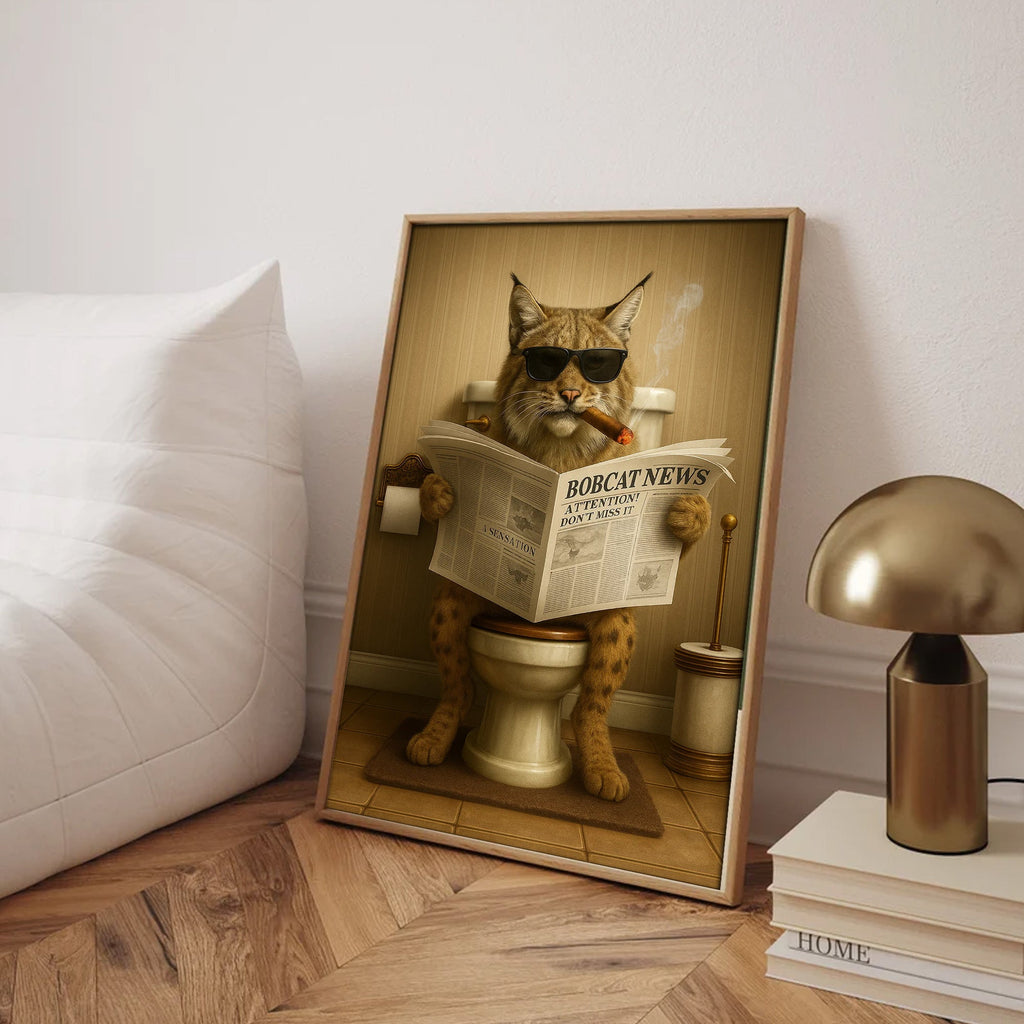 Funny Bobcat Bathroom Wall Art – Rustic Wildlife Decor for Men, Hunting Cabin Canvas