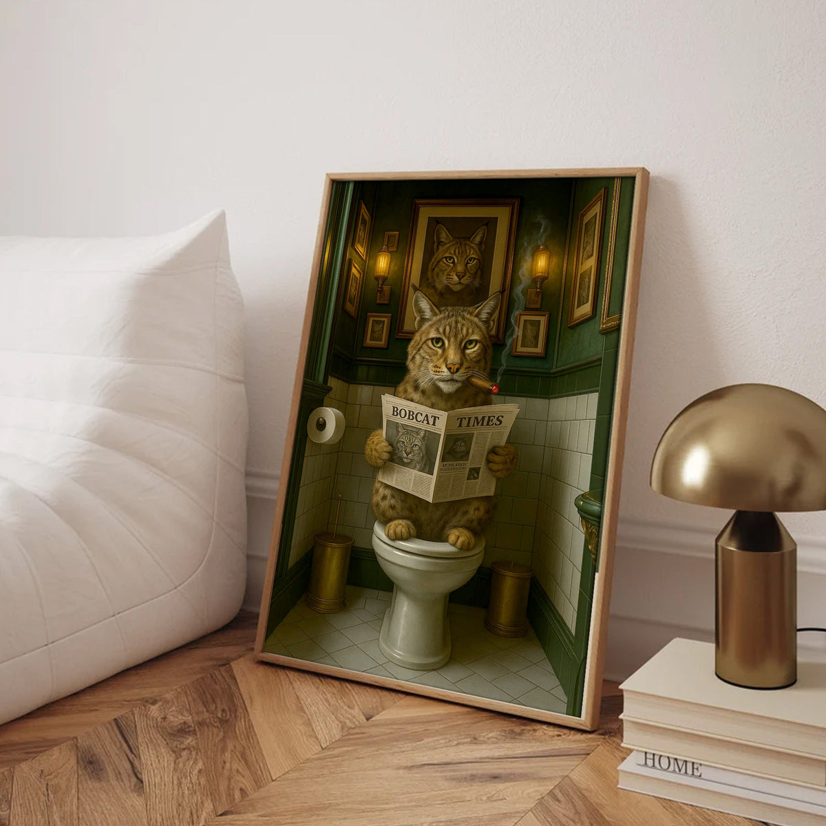 Funny Rustic Bobcat Wall Art Canvas – Smoking-Smoking Wild Cat Reading Newspaper