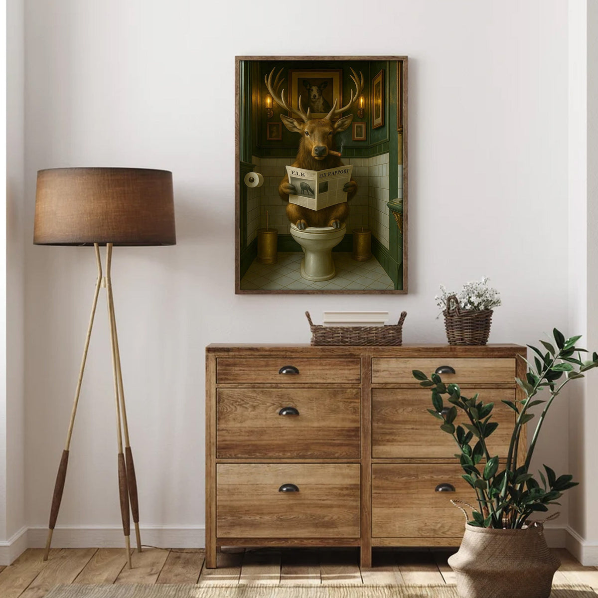 Funny Elk Bathroom Canvas – Smoking-Smoking Deer Reading Newspaper on Toilet