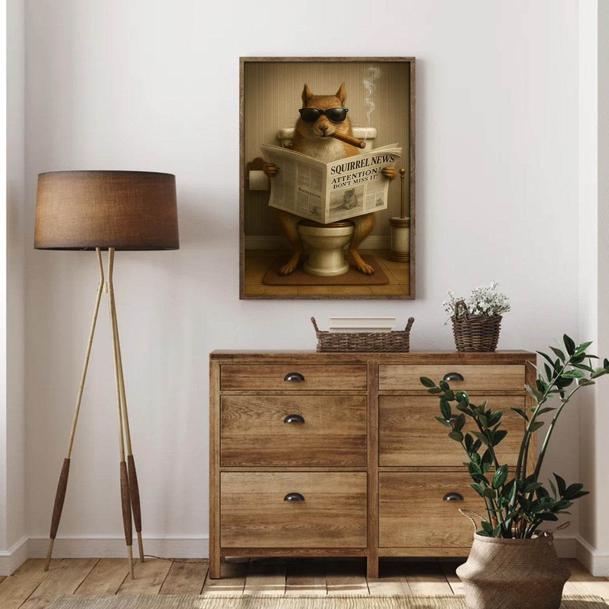 Squirrel Reading News Smoking Bathroom Wall Art – Rustic Decor for Men, Hunting Cabin Canvas