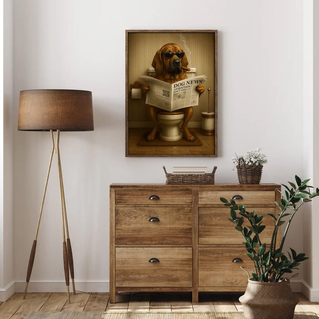 Funny Rustic Dog Bathroom Canvas – Bloodhound Smoking Reading ‘Dog News’ - Hunting Cabin Decor