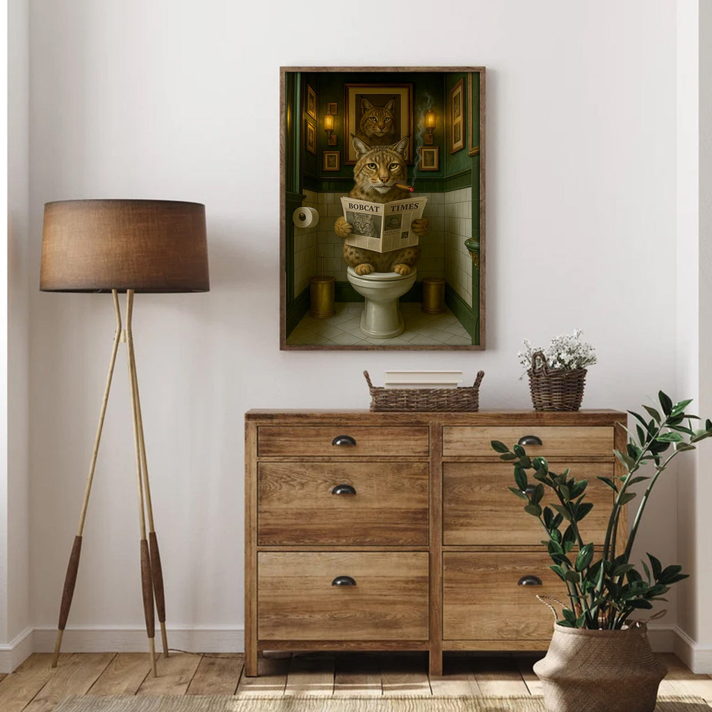 Funny Rustic Bobcat Wall Art Canvas – Smoking-Smoking Wild Cat Reading Newspaper