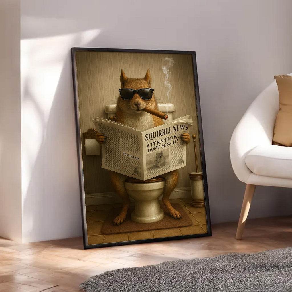 Squirrel Reading News Smoking Bathroom Wall Art – Rustic Decor for Men, Hunting Cabin Canvas