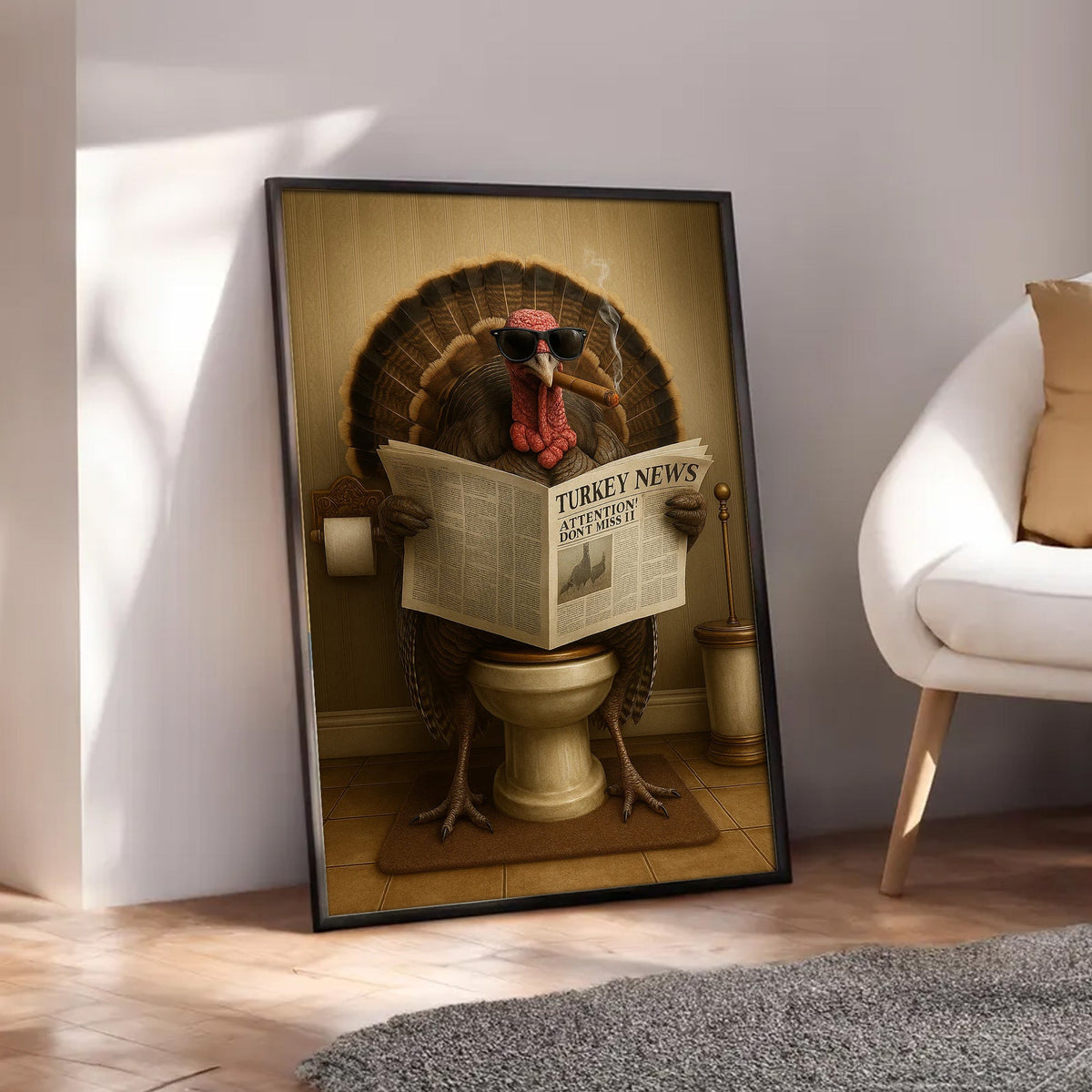 Turkey Reading News Smoking Bathroom Wall Art – Rustic Decor for Men