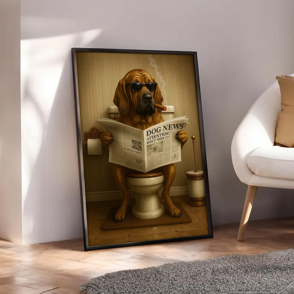Funny Rustic Dog Bathroom Canvas – Bloodhound Smoking Reading ‘Dog News’ - Hunting Cabin Decor
