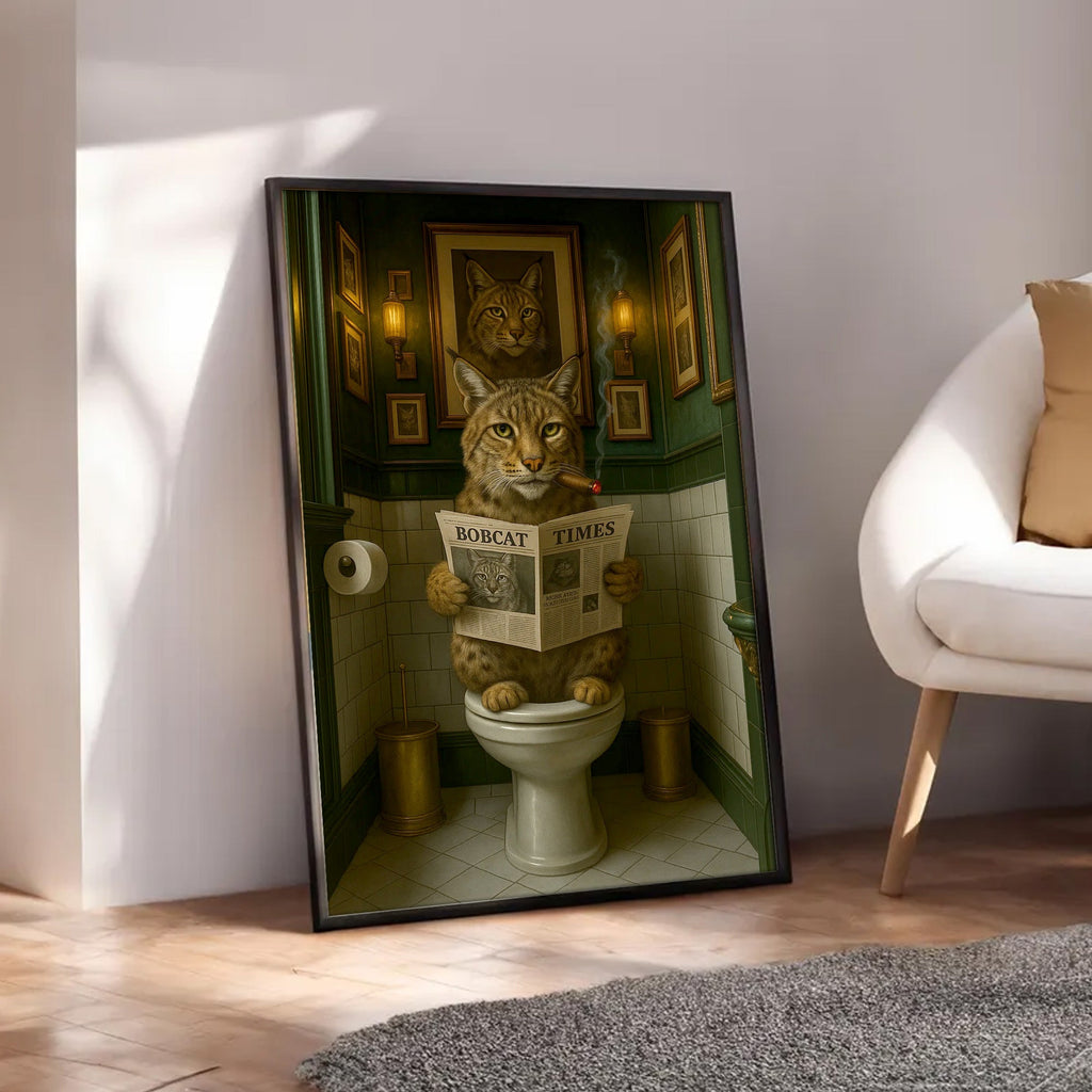 Funny Rustic Bobcat Wall Art Canvas – Smoking-Smoking Wild Cat Reading Newspaper