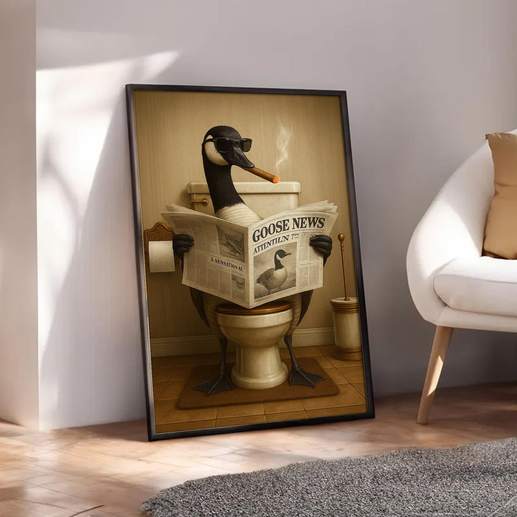 Funny Goose Read Newspaper Bathroom Canvas Wall Art – Hunting Wildlife Animal Canvas