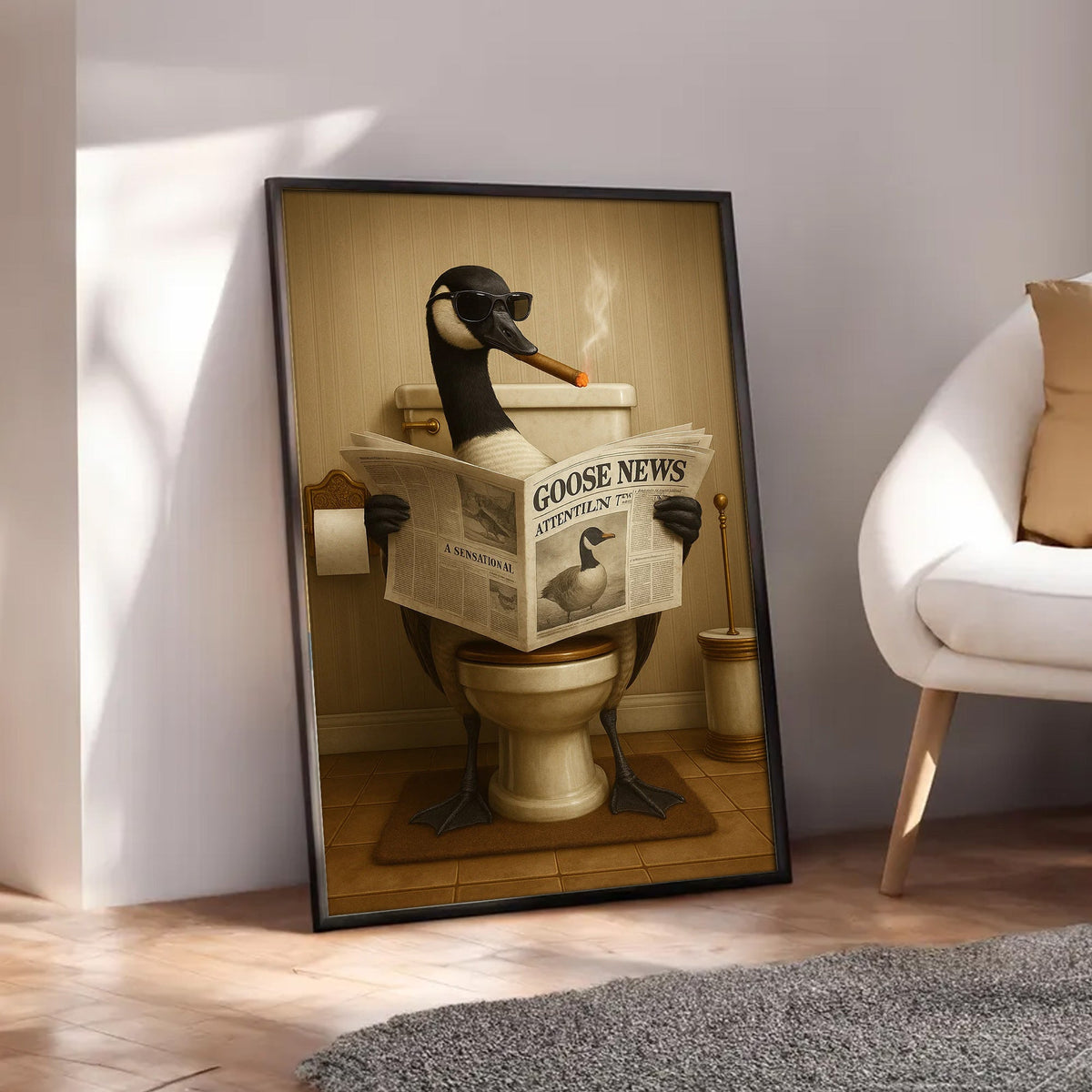 Funny Goose Read Newspaper Bathroom Canvas Wall Art – Hunting Wildlife Animal Canvas