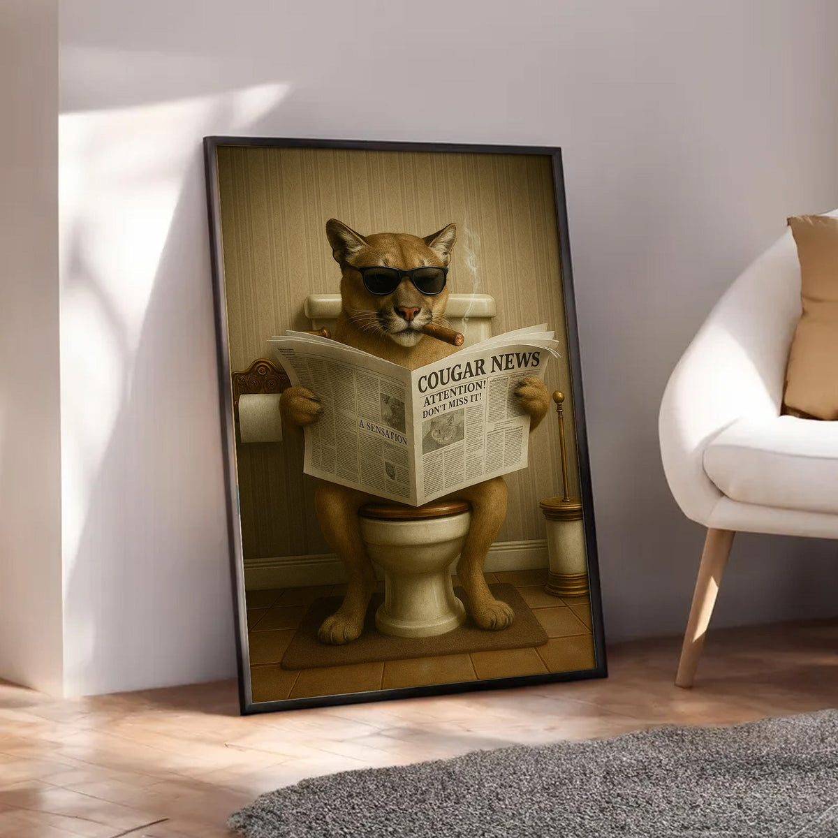 Funny Cougar Bathroom Canvas – Mountain Lion on Toilet Reading Newspaper - Rustic Cabin Decor