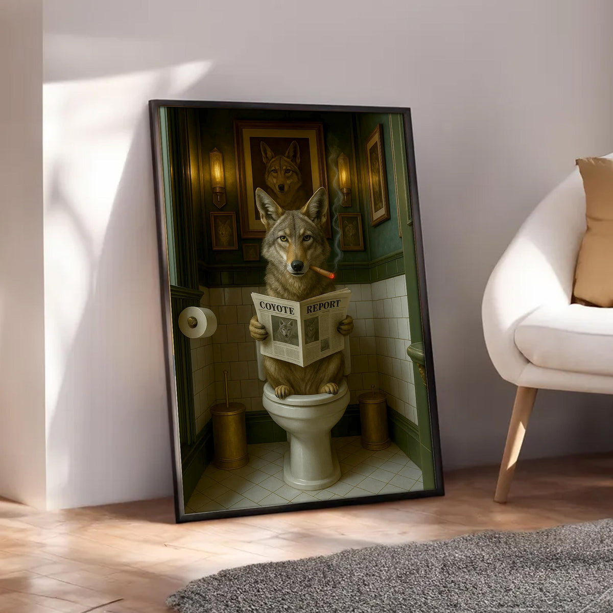 Funny Coyote Bathroom Canvas – Wild Dog on Toilet Reading Newspaper - Wolf Coyote