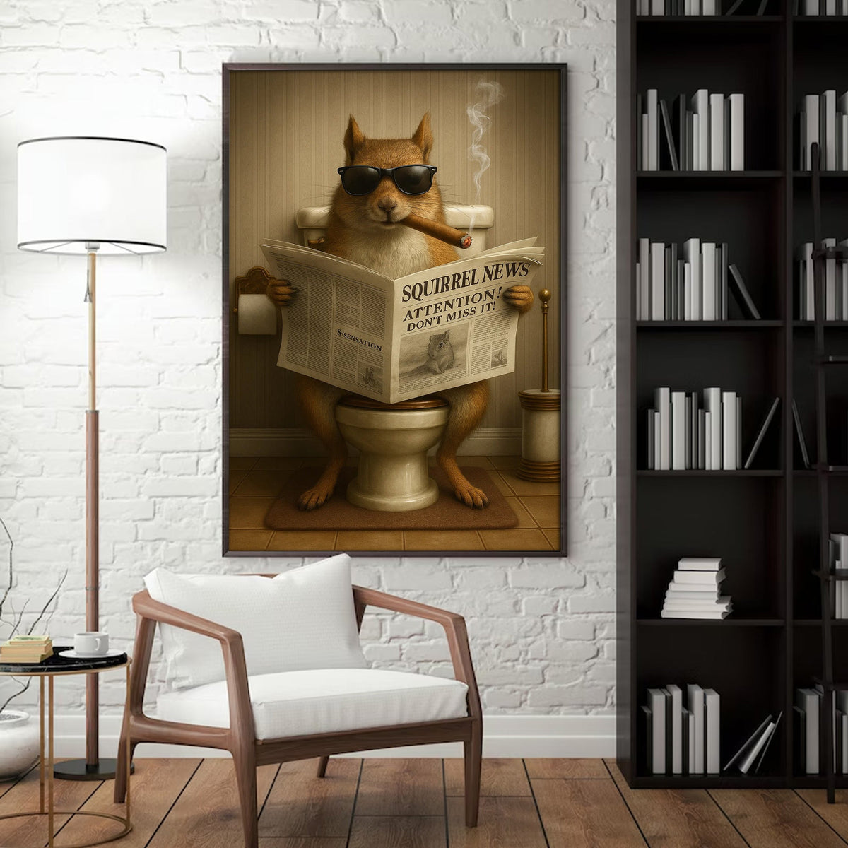 Squirrel Reading News Smoking Bathroom Wall Art – Rustic Decor for Men, Hunting Cabin Canvas