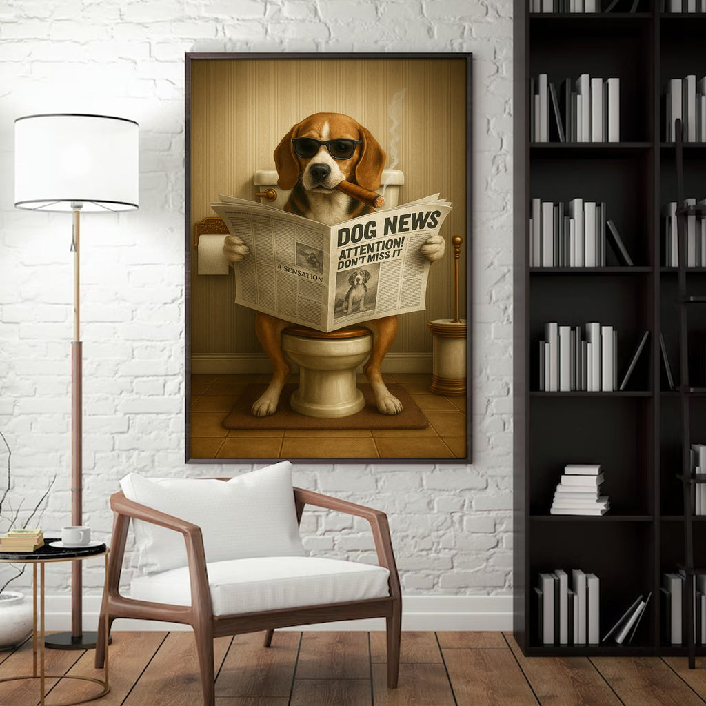 Funny Beagle Reading Newspaper Canvas – Funny Dog Hunting Bathroom Wall Art