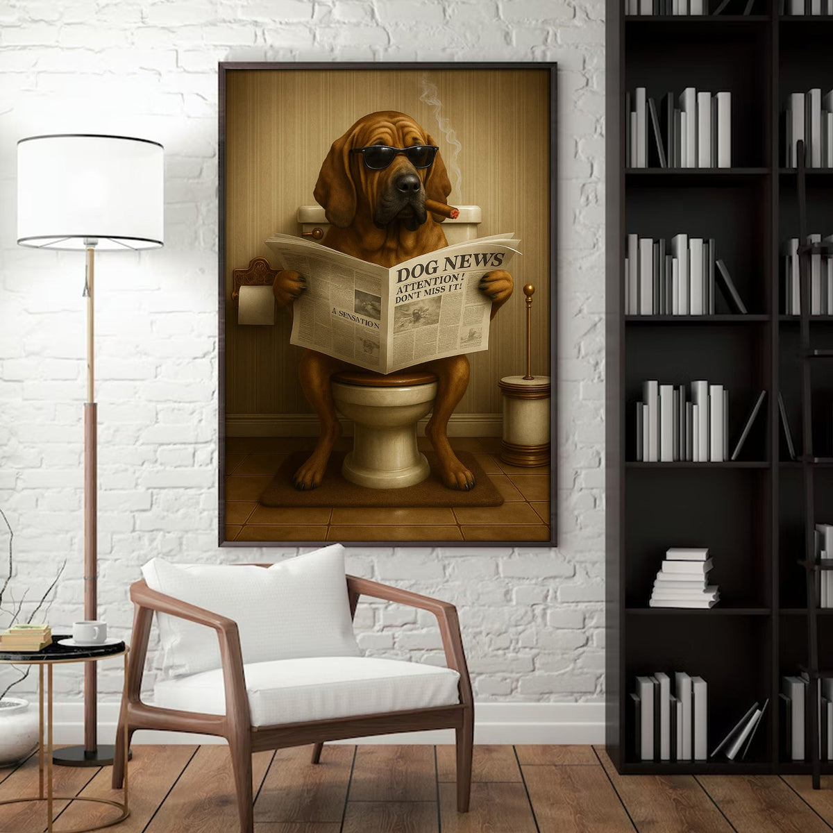 Funny Rustic Dog Bathroom Canvas – Bloodhound Smoking Reading ‘Dog News’ - Hunting Cabin Decor