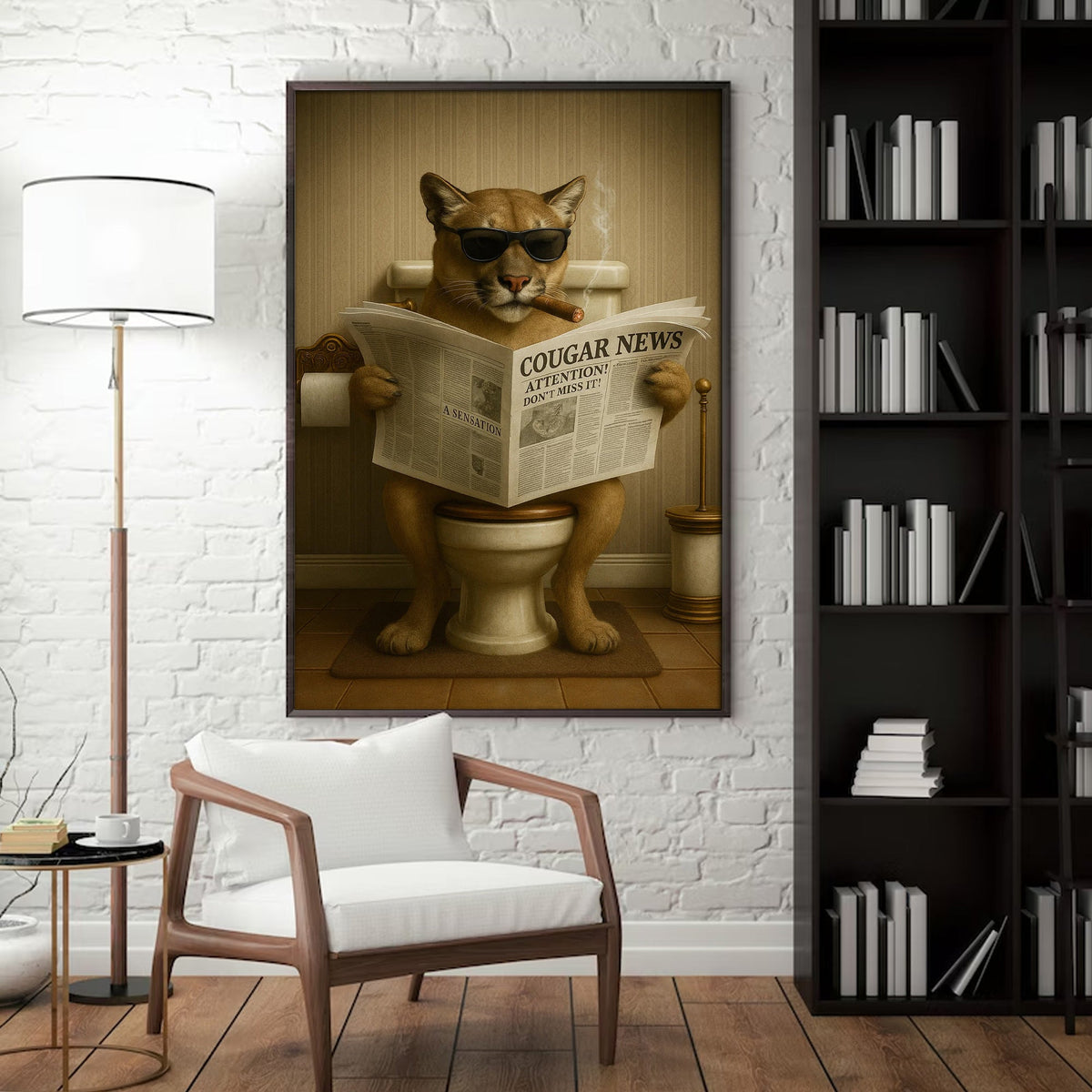 Funny Cougar Bathroom Canvas – Mountain Lion on Toilet Reading Newspaper - Rustic Cabin Decor