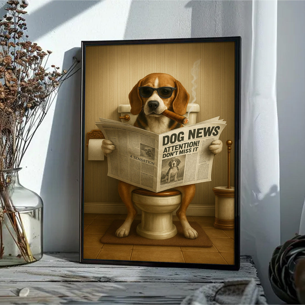 Funny Beagle Reading Newspaper Canvas – Funny Dog Hunting Bathroom Wall Art