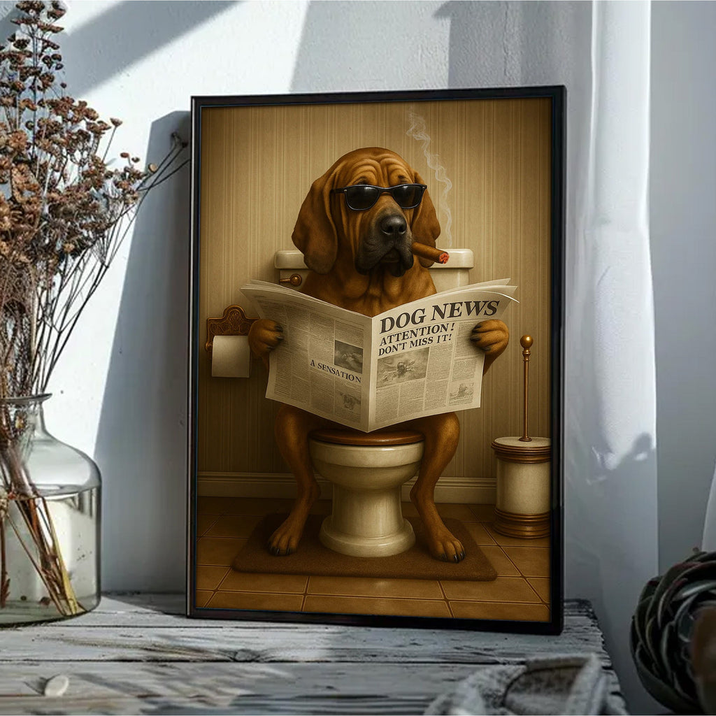 Funny Rustic Dog Bathroom Canvas – Bloodhound Smoking Reading ‘Dog News’ - Hunting Cabin Decor