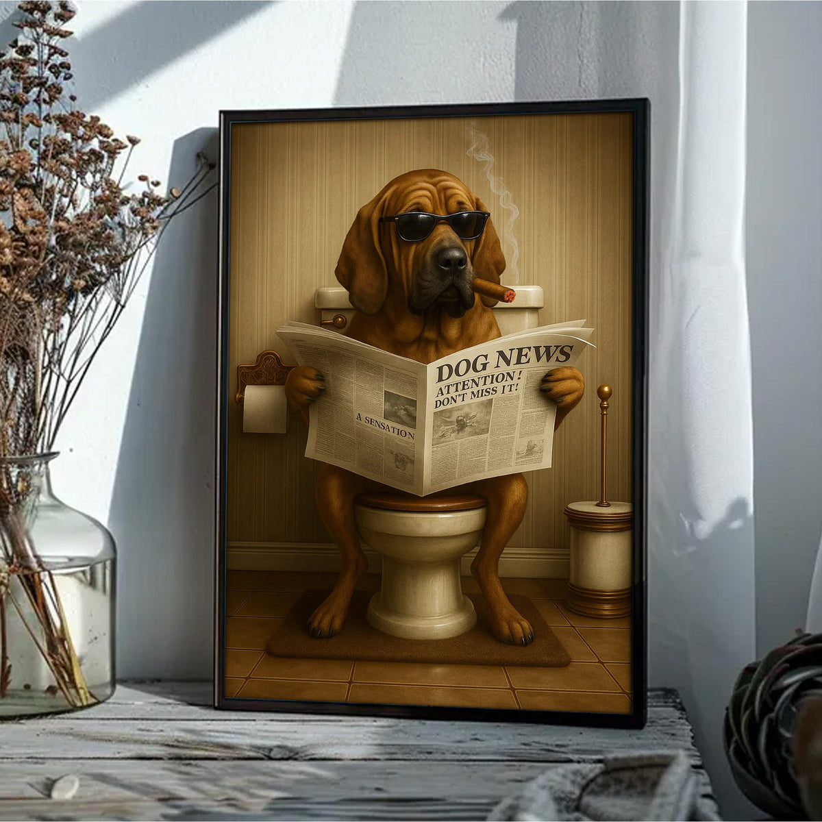 Funny Rustic Dog Bathroom Canvas – Bloodhound Smoking Reading ‘Dog News’ - Hunting Cabin Decor