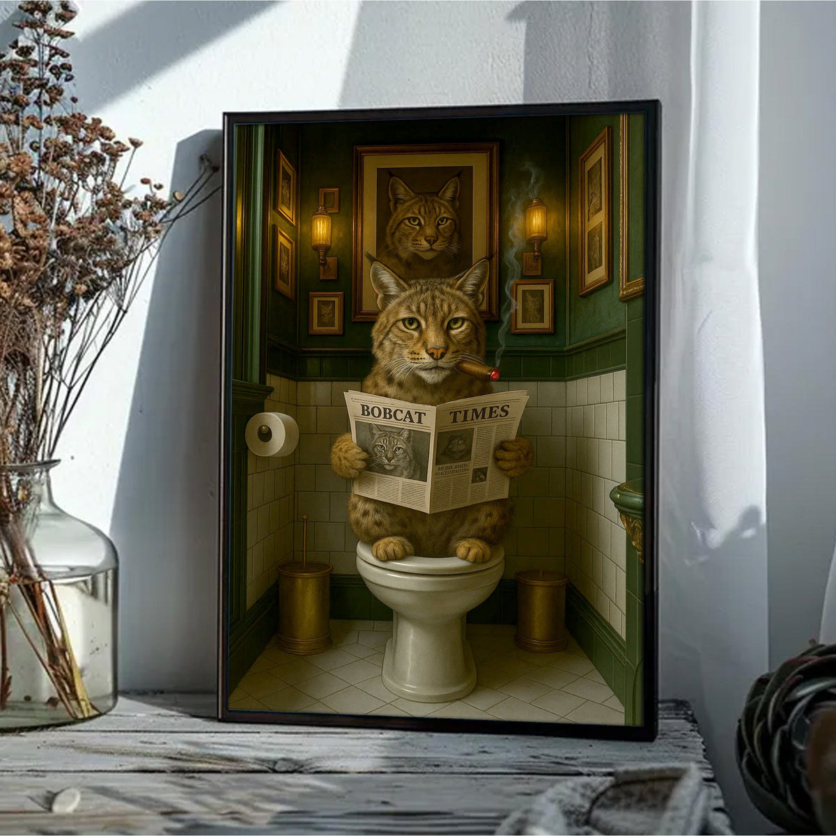Funny Rustic Bobcat Wall Art Canvas – Smoking-Smoking Wild Cat Reading Newspaper