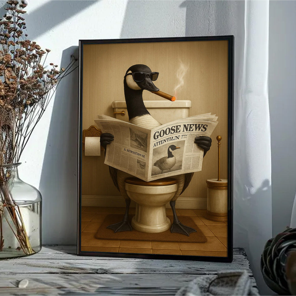 Funny Goose Read Newspaper Bathroom Canvas Wall Art – Hunting Wildlife Animal Canvas