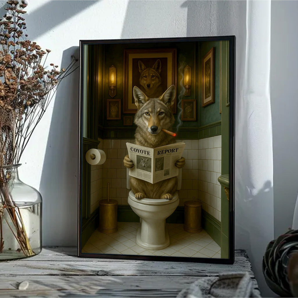 Funny Coyote Bathroom Canvas – Wild Dog on Toilet Reading Newspaper - Wolf Coyote