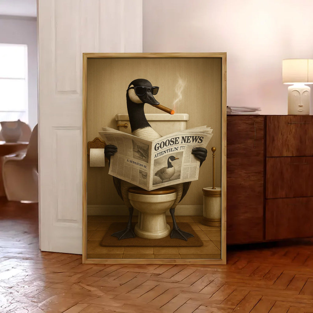 Funny Goose Read Newspaper Bathroom Canvas Wall Art – Hunting Wildlife Animal Canvas