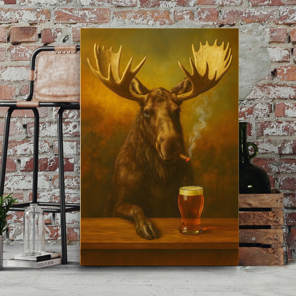 Moose Smoking & Drinking Canvas - Rustic Bar Wall Art Hunting Lodge & Man Cave Decor