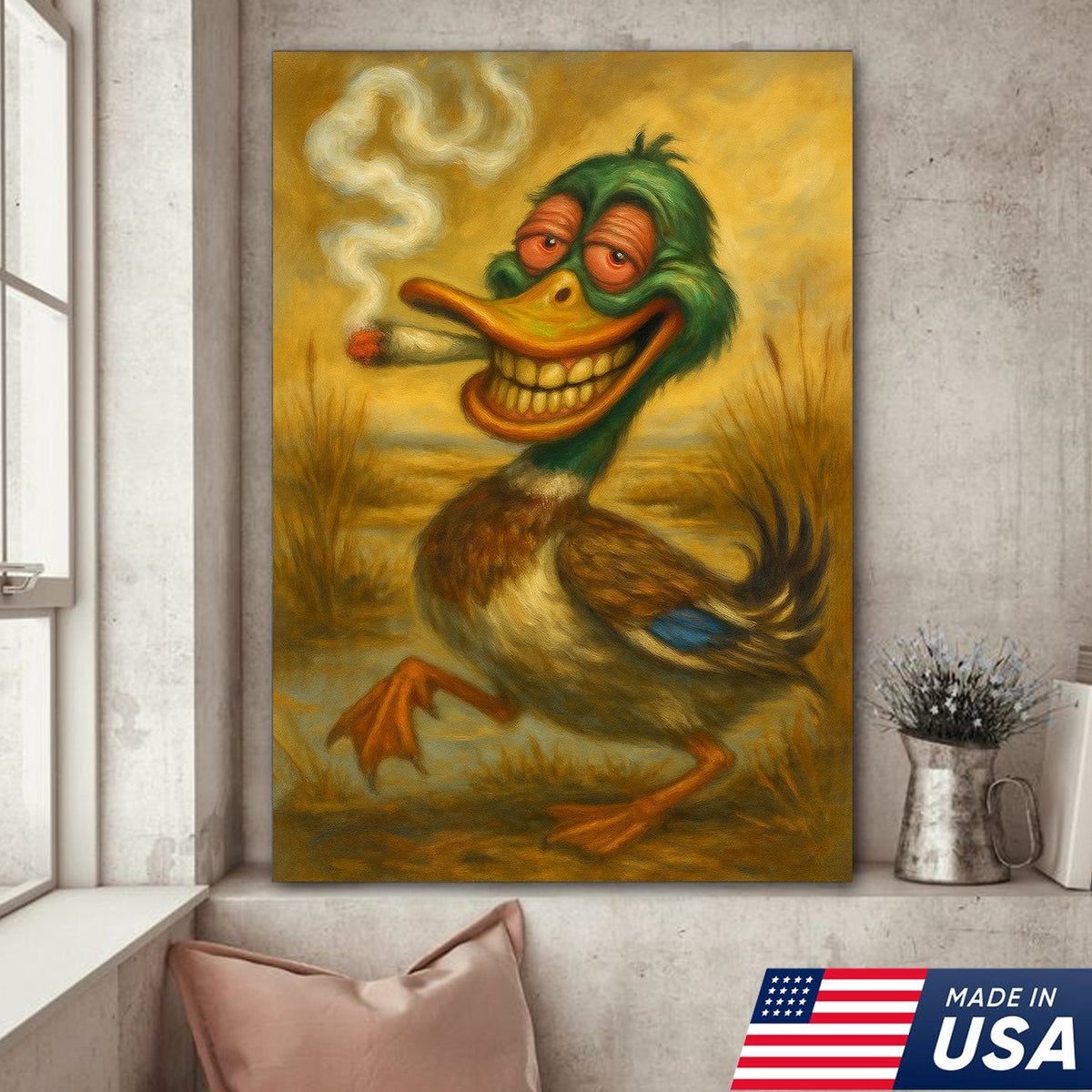 Funny Duck Smoking Canvas Wall Art – Rustic Hunting Cabin Decor, Man Cave & Lodge Gift