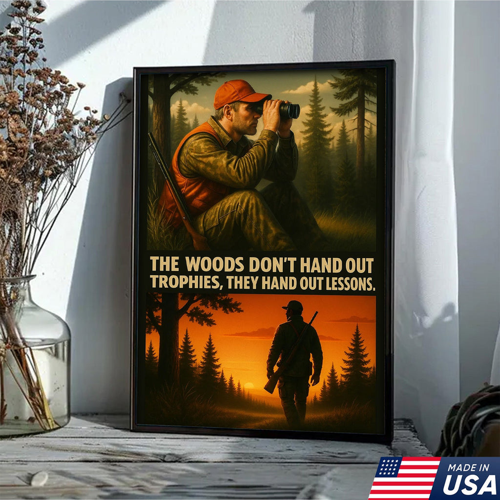 Inspirational Hunting Canvas Wall Art – Hunter in Forest with Rifle & Quote “The Woods Don’t Hand Out Trophies, They Hand Out Lessons”