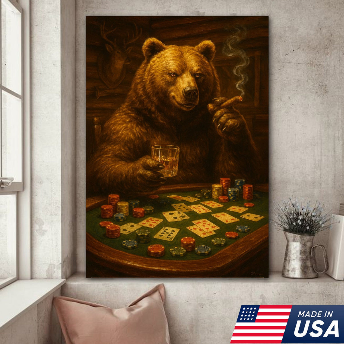 Rustic Bear Poker Canvas Wall Art – Funny Animal Playing Cards Decor