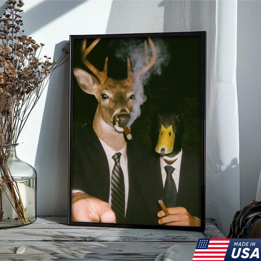 Funny Deer and Duck Canvas Wall Art - Hilarious Animal Duo in Suits