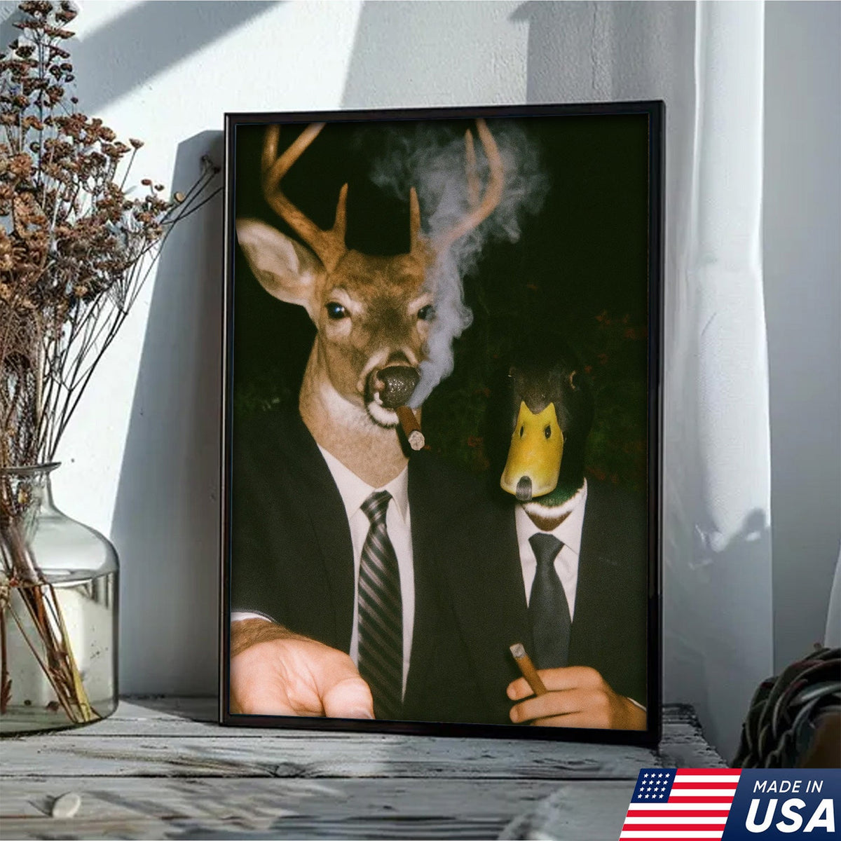 Funny Deer and Duck Canvas Wall Art - Hilarious Animal Duo in Suits