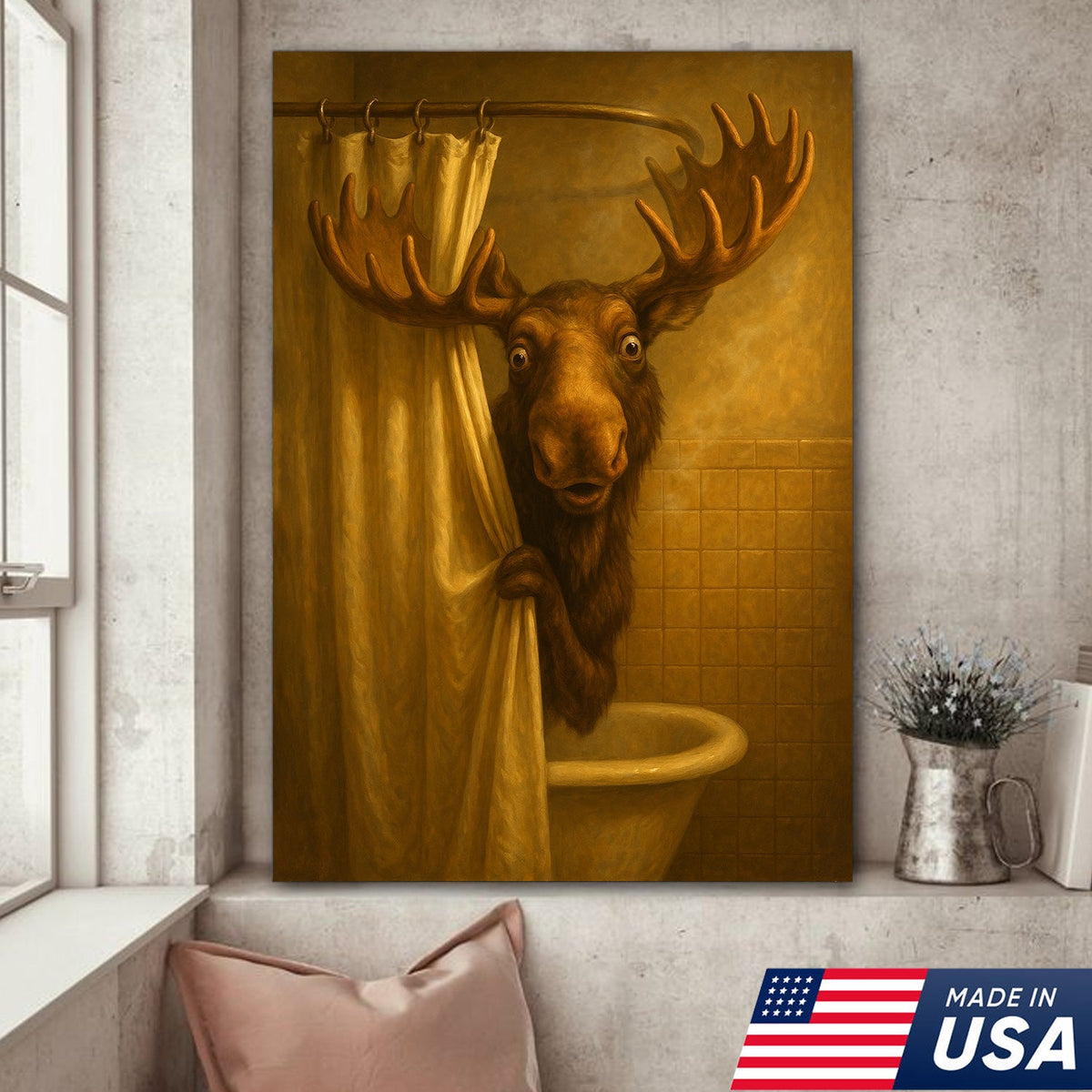 Funny Moose Bathroom Canvas Wall Art – Rustic Lodge Cabin Decor for Bathroom